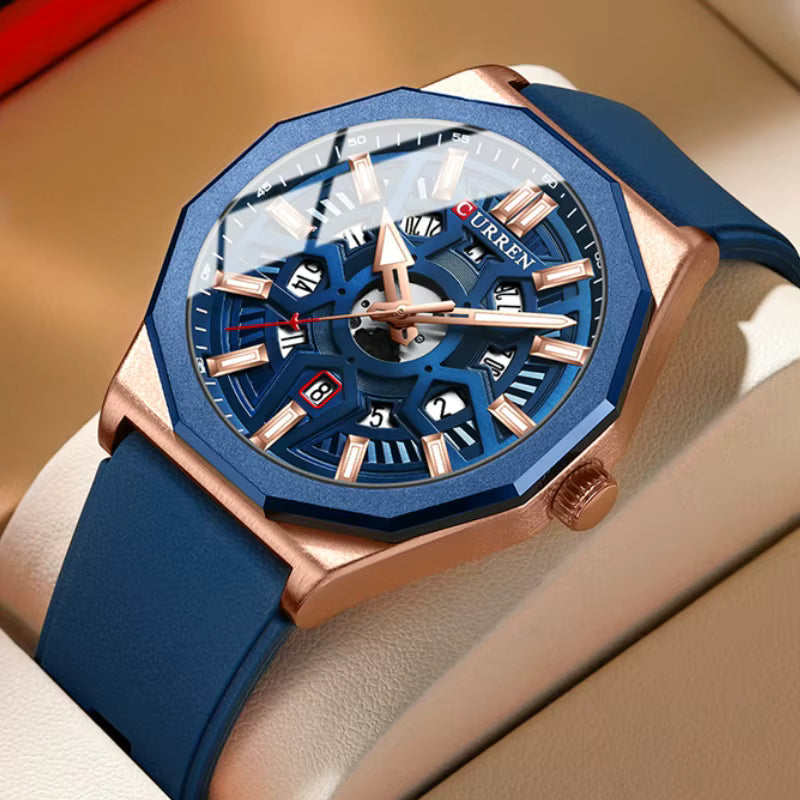 CURREN 8437 Luxury Blue Sport Watch – Waterproof Military Design, Silicone Strap, Chronograph Quartz for Men