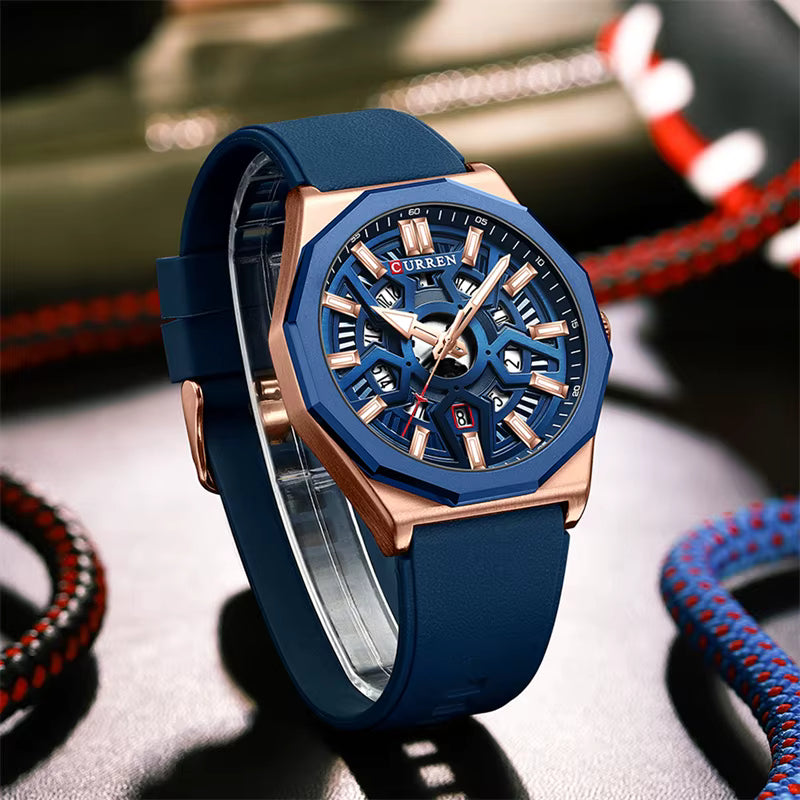 CURREN 8437 Luxury Blue Sport Watch – Waterproof Military Design, Silicone Strap, Chronograph Quartz for Men